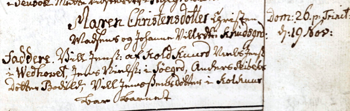 Udsnit af kirkebog, Daab af Maren Christensdatter
